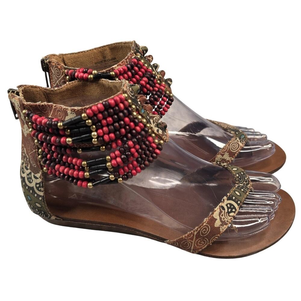 Aldo Shoes Womens 6.5 37 Brown Beaded Gladiator Sandals Ankle Zip Boho Paisley